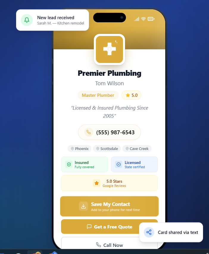 Example TradePass card on a phone showing a business name, phone number, Save My Contact and Get a Free Quote buttons